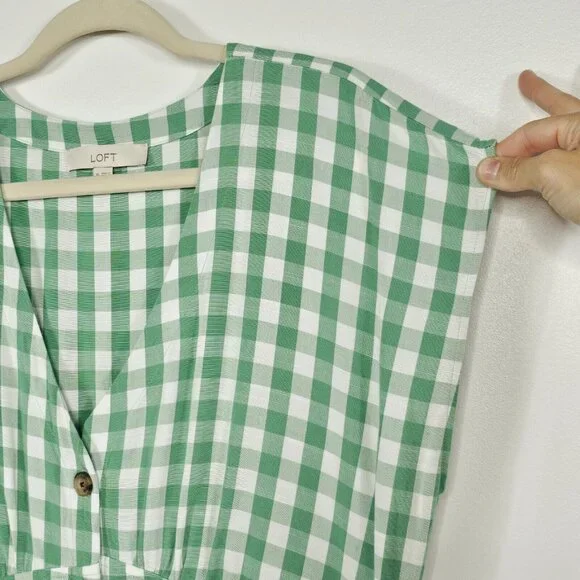 Loft Gingham Button Flare Dress Womens 16 Green White Cottage Country Western - Picture 13 of 13